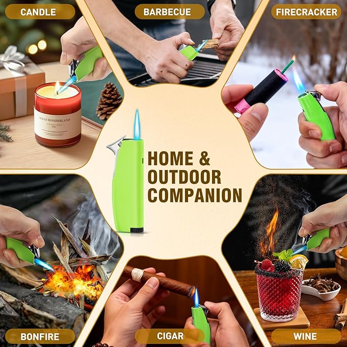 Women's Mini Butane Torch Lighter, Windproof Jet Flame Refillable Adjustable Candle Lighter for BBQ, Camping, Daily Use, Ideal Gift, 2 Pack (Green, Butane Not Included)