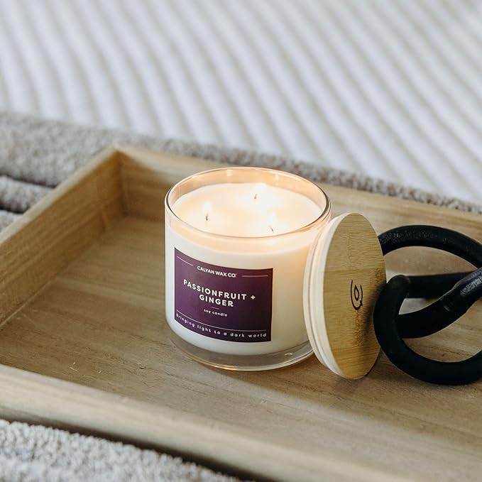 Calyan Wax Co. Passionfruit & Ginger 3 Wick Scented Candle - 43 Hour Burn - Luxury 3 Wick Soy Candles - Non Toxic Soy Wax Candles - Long Lasting Large Glass Jar Candle for Home - 14.9oz