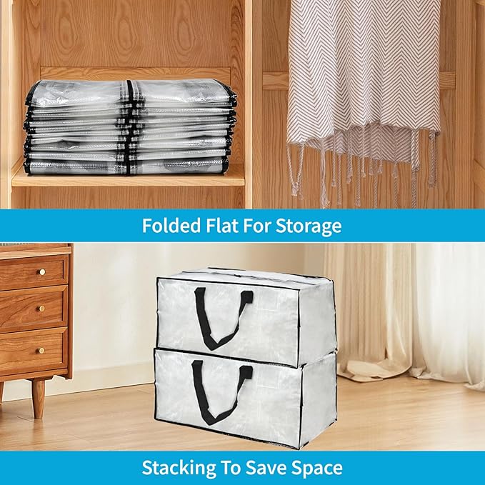 Clear Moving Bags – 8 Pack Large Foldable Storage Bags with Handles and Straps for Clothes, Bedding, and Seasonal Items