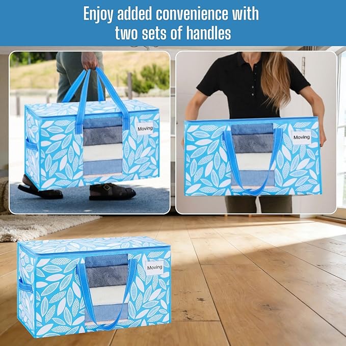 VENO 4 Pack Heavy Duty Moving Bags, Clothes and Comforter Storage Bags with Clear Window, College Dorm Essentials Packing Supplies, Foldable Boxes Alternative (Spring Breeze, 4 Pack)
