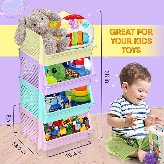 Skywin TidyFriend Large Stackable Storage Bins for Closet Organizers and Storage 4 Pack, Closet Organization for Kids Room and Home Organization (Multi)