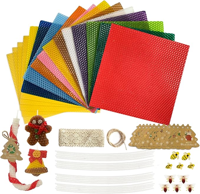 Lacaser Beeswax Sheets for Candle Making Kit, Pure Bees Wax Made Candle Sheets, Include Bee Ornaments, Lace, Cotton Wicks, Gift Tag & Hemp Rope, Size 8"x 8", 16pcs in Assorted Colors