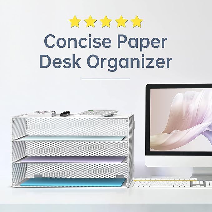 DALTACK 3 Tier Letter Tray Paper Organizer Mesh Metal Desk File Organizer for Home & Office, White 2 Pack