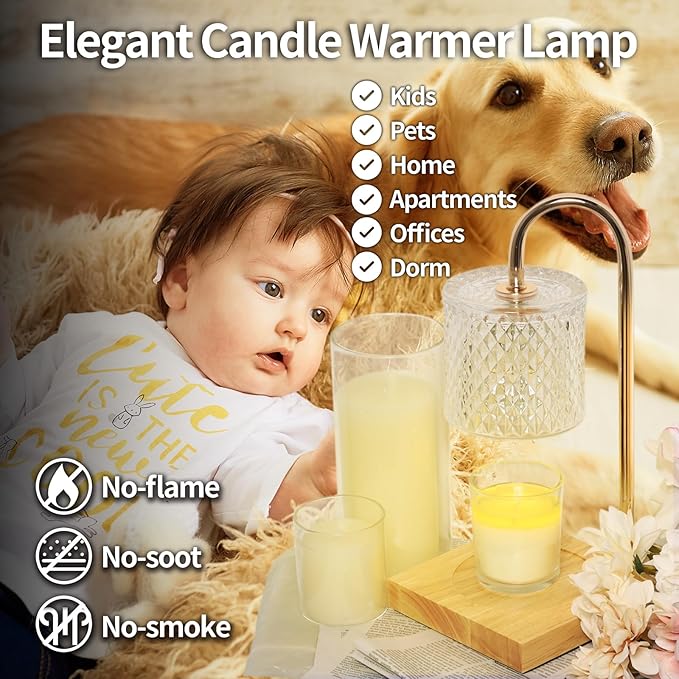TigQiang Candle Warmer Lamp, Candle Lamp Wax Warmer, Timer & Dimmer 7-Levels, Fits Cup Jar Candle, Top Melting, Crystal Heater Lamp for Scented Wax, Elegant Home Decor, Clear Glass