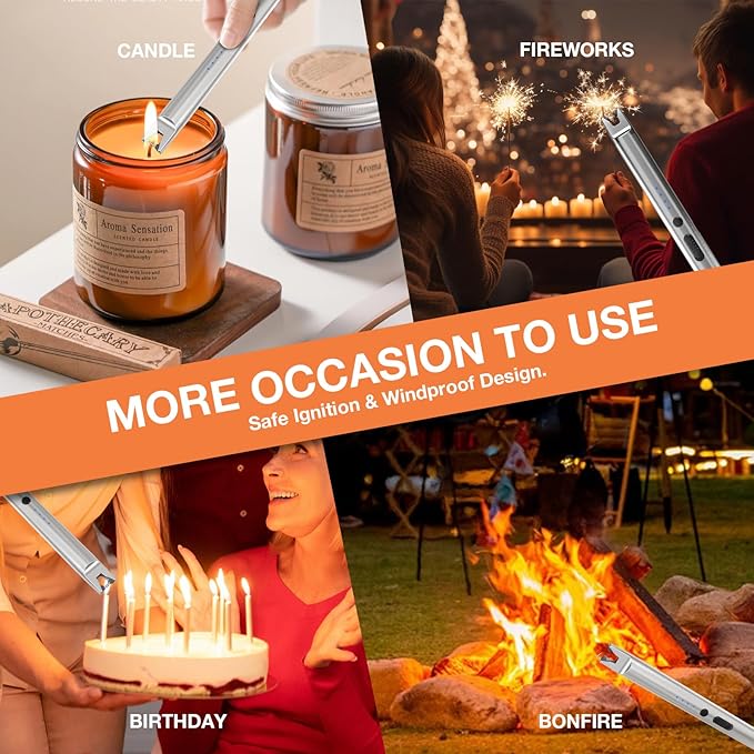 3-Pack Long Stem Electric USB C Rechargeable Plasma Candle Lighter, Windproof Arc Lighter with Safety Lock for Candles, Gas Stoves, Firestarter, Gift Set (Black, Rose Gold, Chrome)