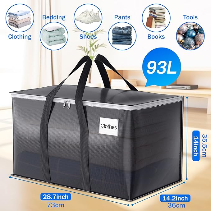 ElegantArray 2 Pack Moving Bags Heavy Duty, Moving Boxes, Storage Bags with Zipper & Handles & Tag for College & Dorm Moving Supplies Grey Laundry Hamper Bag, Foldable Space-saving Totes (93L, Grey)