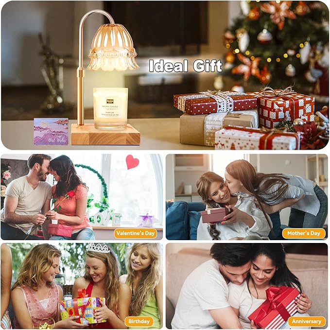 TOACSUCP Candle Warmer Lamp with 3 Bulbs, Adjustable Height Dimmable Candle Warmer with Timer, Compatible with Large Jar Candles, Flower Candle Warmer with Charming Gift Box Ribbon(Light Yellow)
