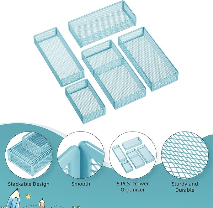 Marbrasse 5 Pack Desk Drawer Organizer Set, Mesh Drawer Storage Trays with 1 Adjustable Divider, Desk Organizers and Accessories, 5 PCS Drawer for Office Supplies, Makeup & Vanity (Blue)