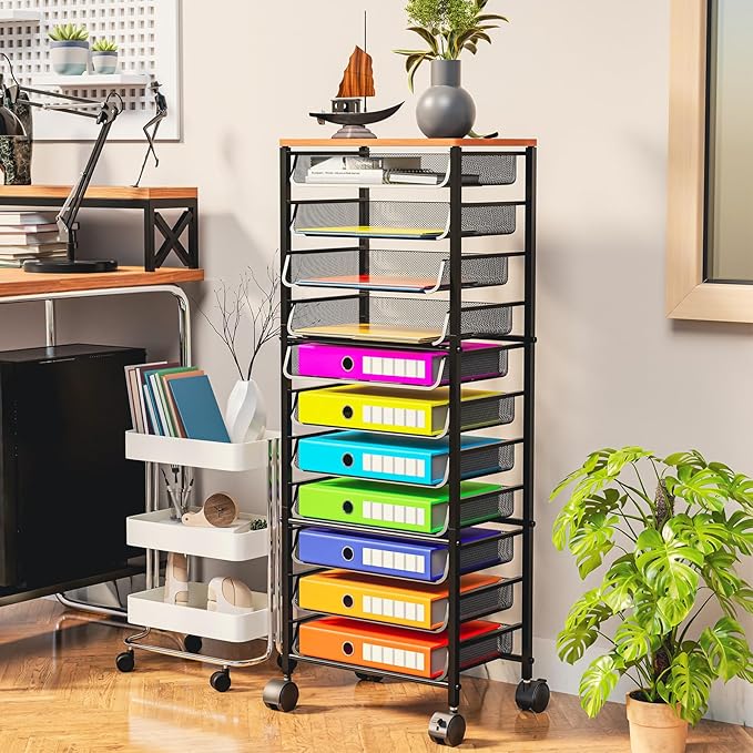 Simple Trending 12 Tier Rolling File Cart,Wood Desk File Organizer with Sliding Trays and Wetal Mesh Paper Letter Storage Multi-Functional Rolling Clutter Cart for Office, Home, School, Black