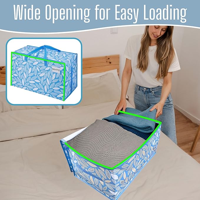 VENO 10 Pack Extra Large Heavy Duty Moving Bags with Wide Opening & Reinforced Handles, Reusable Storage Tote Bags with Strong Zippers for Clothes, College Dorm Essentials & Moving Supplies