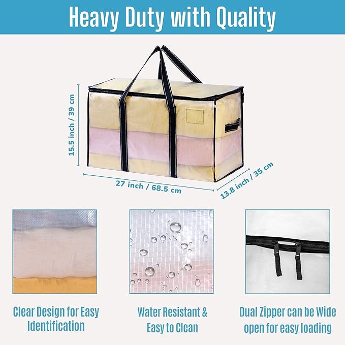 VENO 10 Pack Clear Storage Moving Bags, Heavy Duty Storage Bins with Lid, Around Handles, Tag, Zippers, Extra Large Totes Packing Moving Boxes Supplies for College Dorm Clothes (Transparent)