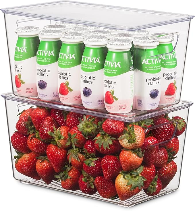 Set Of 12 Refrigerator Organizer Bins with Lids - Plastic Pantry Organization and Storage Baskets - Stackable Food Fridge Organizers with Cutout Handles for Freezer, Kitchen, Countertops, Cabinets