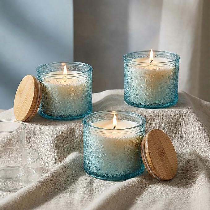 10 oz Embossed Glass Candle Container with Bamboo Lids and Labels,Blue Candle Jars for Making Candles,Mandala Design - Pack of 9