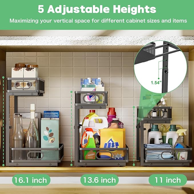 Under Sink Organizer, High Adjustable 2 Tier Under Sink Organizers and Storage, Slide out Metal Cabinet Organizers, Pull out Storage Drawer Shelf for Kitchen Bathroom Cabinet (1, Black)