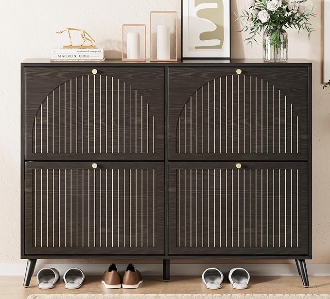 Fsbecl Shoe Storage Cabinet for Entryway with 4 Flip Drawers, Narrow Shoe Organizer with Fluted Panel, Freestanding Wood Hidden Shoe Cabinet (Black, 4 Flip Drawers)