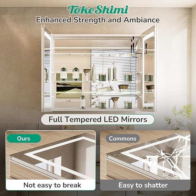 TokeShimi 36x30 Led Mirrored Medicine Cabinet Recessed for Bathroom Vanity, 3 Color Dimmable Medicine Cabinet with Mirror Lighted and Defogger,2-Side Fornt Lit Bathroom Mirror with Storage,2 Sockets