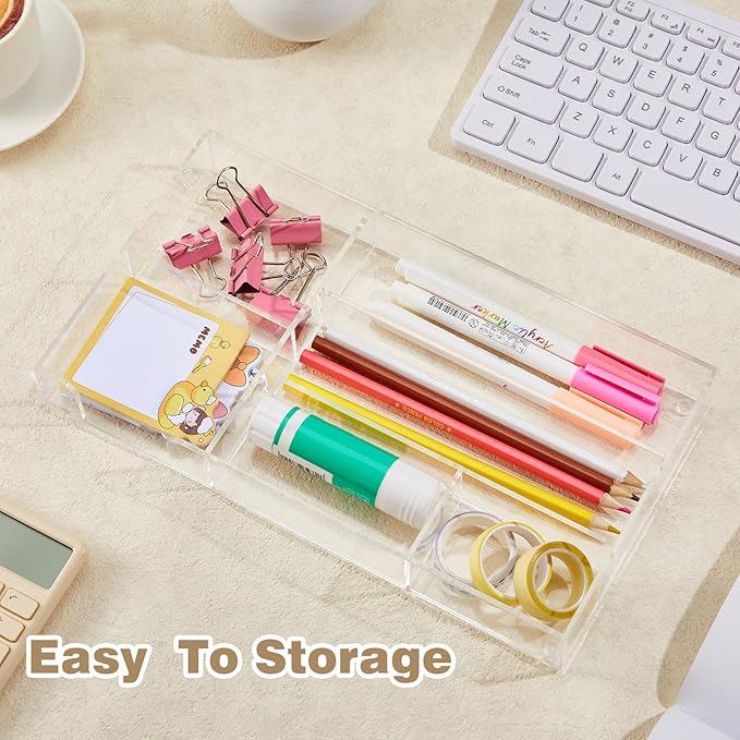 Briwooody Clear Acrylic Desk Drawer Organizer 11 x 6.1 x 1.38 Inch Storage Tray Organizer for Pens, Stationery, Desktop, Office, Bathroom, Kitchen, Makeup Supplies (6 Compartments)