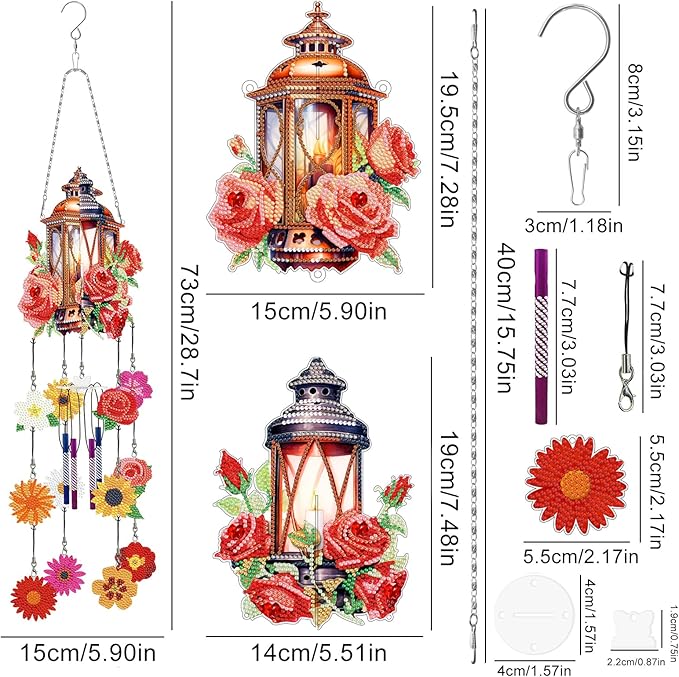 Flowers Diamond Art Wind Chime Suncatcher DIY Kits 5D Diamond Art Painting Wind Chimes Hanging Ornament Set Double Sided Special Shaped Crystal by Number Stitch Pendant for Yard Garden Outdoor Decor