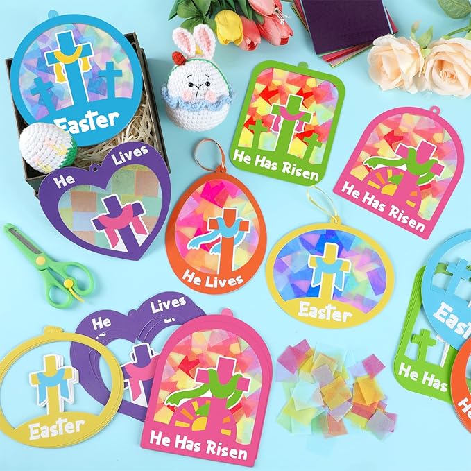 Qyeahkj 36 Set Easter Suncatchers Crafts for DIY Resurrection Church Window Tissue Paper Crafts Kit He is Risen Hanging Decor for Religious Cross Home Activity Art Project Favor Gift