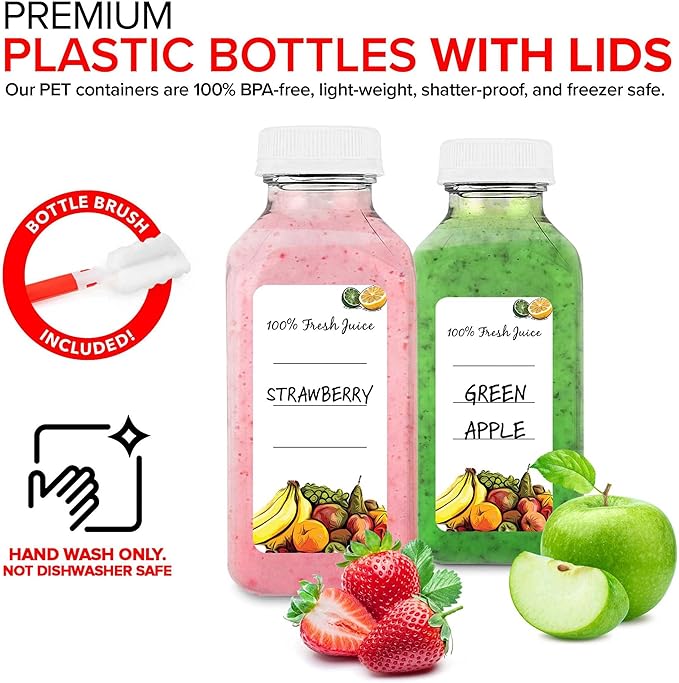 Juice Bottles with Caps for Juicing & Smoothies, Reusable Clear Empty Plastic Bottles with Caps, 12 Ounce Drink Containers for Mini Fridge, Juicer Shots, Small Water Bottles Bulk 12 oz (12 Pack)
