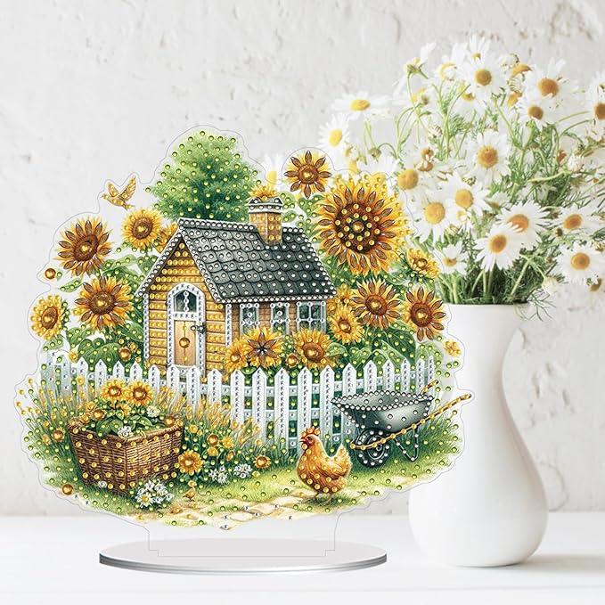 ARTopet DIY Diamond Desktop Ornament PET Irregular Shape Special Shaped Crystal Double Sided Pattern Single Sided Diamond Art Painting Tabletop Home Ornaments Decor (Sunflower House)