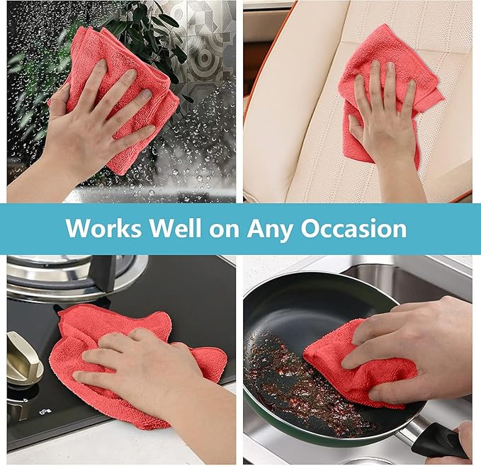 HOMEXCEL Red Microfiber Cleaning Cloth 100 Pack, Microfiber Towel for Cars, Lint Free, Scratch-Free, Highly Absorbent, and Cleaning Rags for House, Window and Glass, Cars, TV Screen 11.5 X11.5 inch