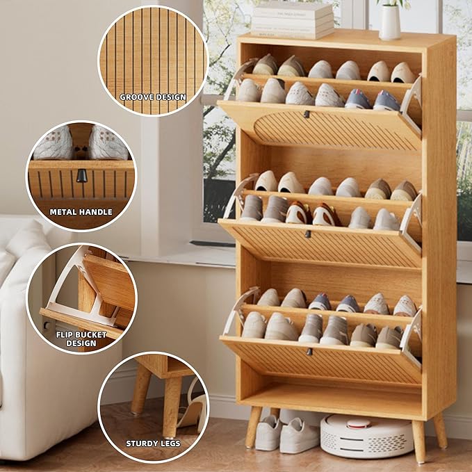 Fsbecl Shoe Storage Cabinet for Entryway with 3 Flip Drawers, Narrow Shoe Organizer with Fluted Panel, Freestanding Wood Hidden Shoe Cabinet for Hallway (Wood Color, 23.6''W, Double Layer)