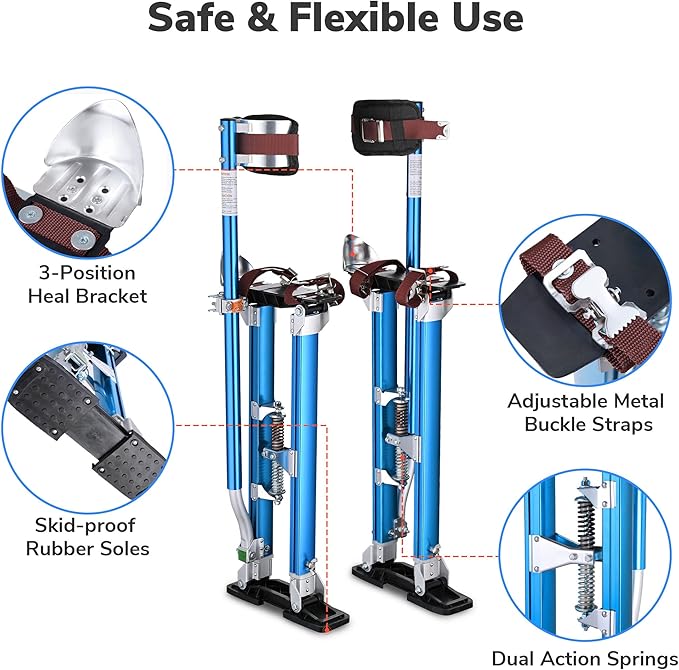 Yescom Drywall Stilts 24-40 inches Adjustable Aluminum Painting Tool Blue with Comfort Leg Pads and Extra Pair of Stilt Rubber Soles Replacement Kit