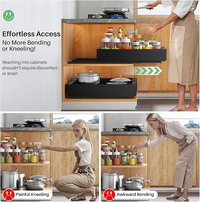 Pull out Cabinet Organizer, Wider Expandable(14"-24") Heavy Duty Slide out Drawers Fixed with Adhesive Nano Film for Pots and Pans, Roll out Shelf Storage for Kitchen Base Organization 2-Pack
