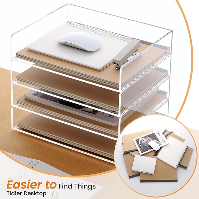 Acrylic Paper Tray, 4 Tier Paper Organizer for Desk, Clear Acrylic Desk Organizers, Stackable Letter Tray Workspace Organizer -Art Storage for School Classroom -4 Pack…