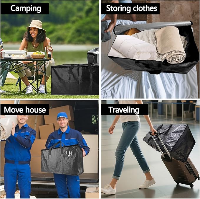 6 Pack Waterproof Moving Bags with Strong Zippers and Reinforced Handles, Real 100lb Capacity Extra Heavy Duty Large Storage Totes for Packing & Moving Storing, Alternative to Moving Boxes -95L,Black