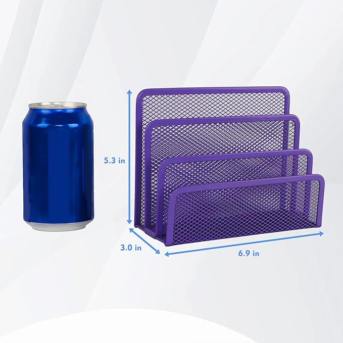 EASEPRES Desk Mail Organizer, Office Small Desktop Metal Mesh Envelope Letter Sorter Paper File Holder Organizer with 3 Vertical Upright Compartments, Purple 2 Pack
