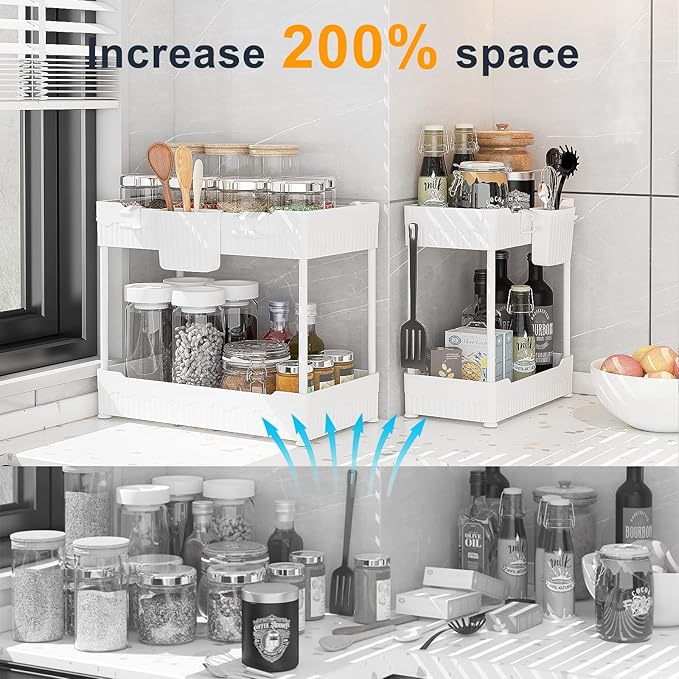 2 Pack Under Sink Organizer, Under Bathroom Cabinet Organizer with Hooks Hanging Cup, Multi-Purpose Storage Shelf for Kitchen Bathroom (White, 14.8 Inch)