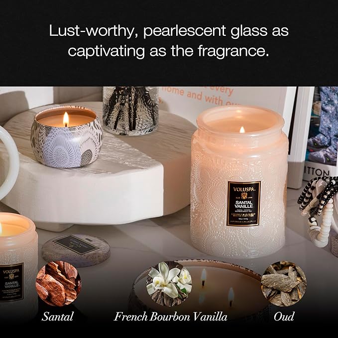 Voluspa Santal Vanille Candle, 18 oz, Coconut Wax Blend, Scented Candles for Home, 100 Hour Burn Time, Candle Jars