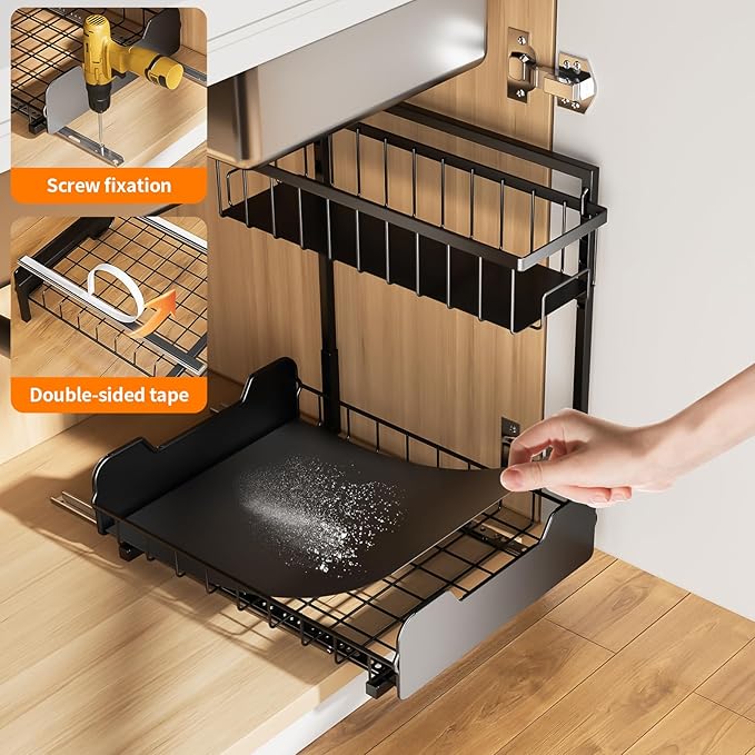 PureBox Under Sink Organizer, 2-Tier L-Shaped Pull Out Cabinet Shelf with 2 Installation Methods, Adjustable Sliding Storage Drawer for Kitchen, Bathroom, Laundry, Metal, Black, 2-Pack