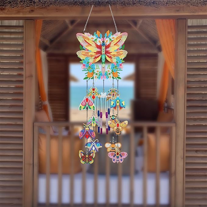 Dragonfly Diamond Art Painting Wind Chimes DIY Kits Bee 5D Diamond Art Wind Chime Hanging Ornament Set Double Sided Special Shaped Beads by Number Mosaic Wind Chime Pendant for Yard Tree Home Decor