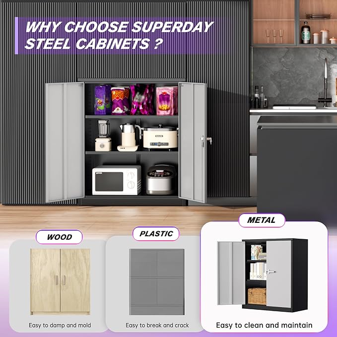 Superday 36" Metal Storage Cabinet, Garage Storage Cabinet with Locking Doors and Adjustable Shelves, Steel Lockable Cabinets, Tool Cabinets for Home Office, Garage, School（Black Grey）