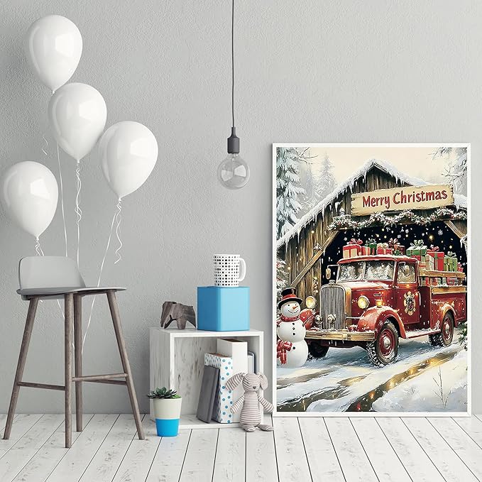 CZYWJMEI Christmas Truck 5D Diamond Painting Kits for Adults Beginners,DIY Winter House Diamond Art Kits,Full Round Drill Diamond Dot Gem Art Kits,Home Wall Decor 12x16nch
