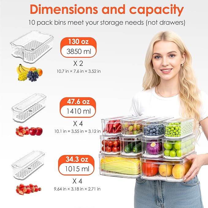 Fridge Organizers and Storage, 10 Pack Clear Freezer Organizer Bins with Lids for Kitchen, Pantry, Refrigerator, Food, Fruit, Vegetable Storage