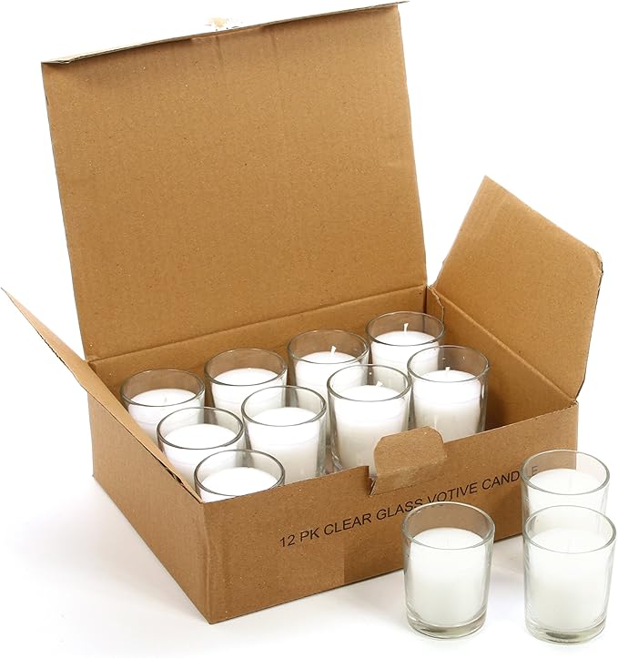 Hosley Set of 24 Unscented Clear Glass Filled Votive Candles. Hand Poured Wax Candle Ideal Gifts for Aromatherapy, Spa, Weddings, Birthdays, Holidays, Party.