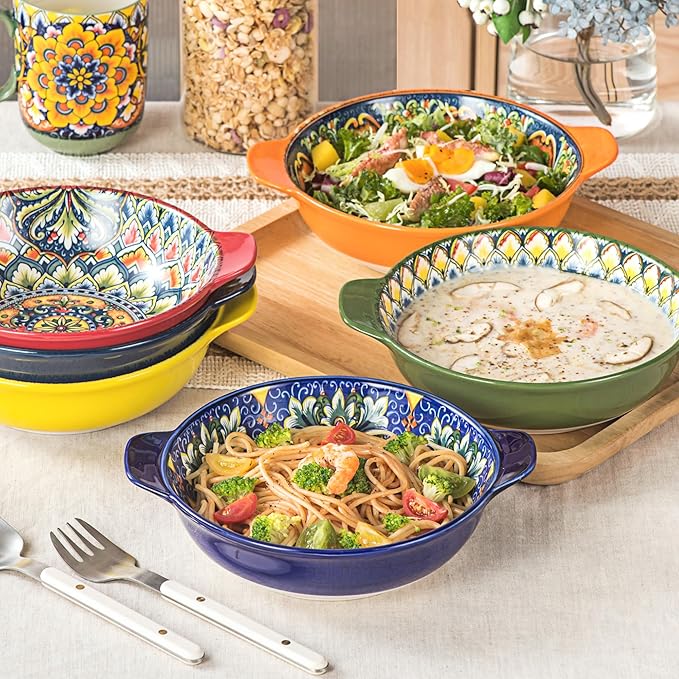 Henten Home Porcelain Pasta Bowls with Handle - 30 oz Ceramic Soup Bowls Set of 6, Colorful Serving Dishes for Salad, Cereal, Dinner, Bohemian Style, Microwave & Dishwasher Safe