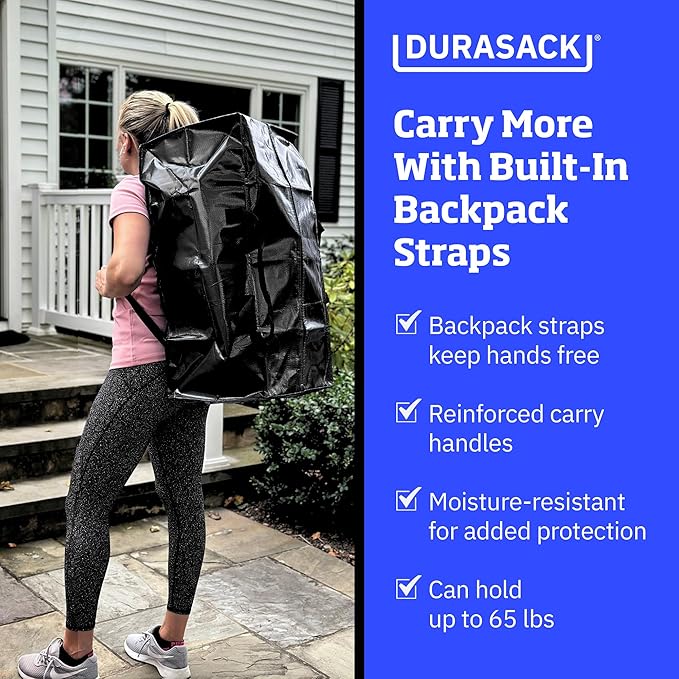 DURASACK Heavy Duty Moving Bag Storage Container Duffle Bag with Zipper, Reinforced Carry Straps and Backpack Straps, Made of Rugged Woven Polypropylene, Pack of 4, Black