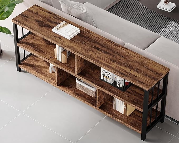IBF Bookshelf, Farmhouse 63” Long Open Book Shelf, Wood Metal 5 Cube Bookcase for Living Room, Low Horizontal Bookshelf for Bedroom, Wide Cubby Storage Organizer for Home Office, Rustic Brown, 63 Inch