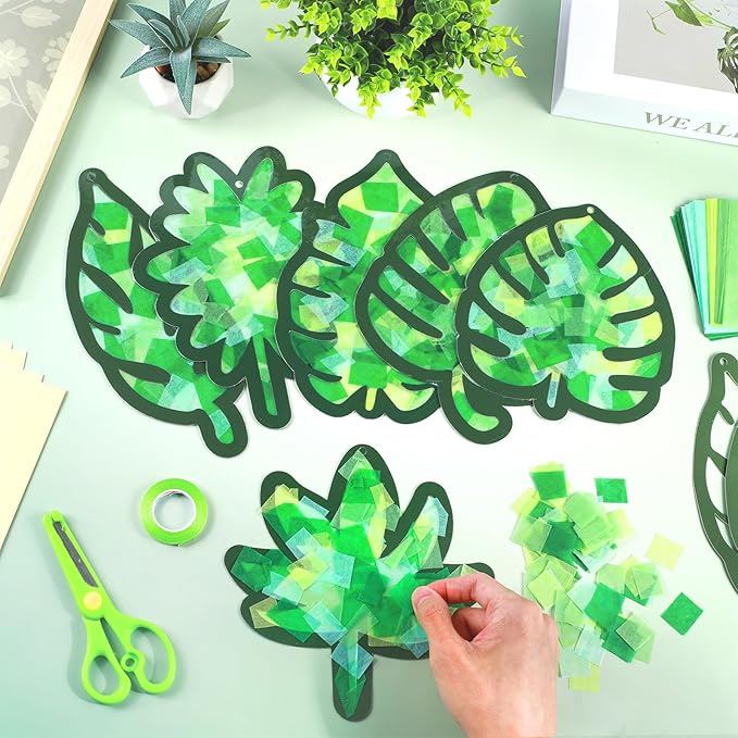 Qyeahkj 36 Set Palm Sunday Suncatchers Crafts for DIY Easter Palm Leaves Window Tissue Paper Crafts Kit Green Leaf Hanging Decor for Spring Home Activity Art Project Party Favor Gift