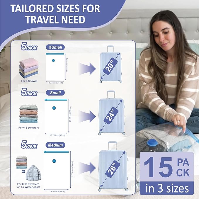 Cozy Essential Travel Vacuum Storage Bags with Rechargeable Cordless USB Pump, Space Saver Bags for Luggage, Suitcase, Carry-On, for Clothes, Blankets, Bedding & Seasonal Storage,15 Combo