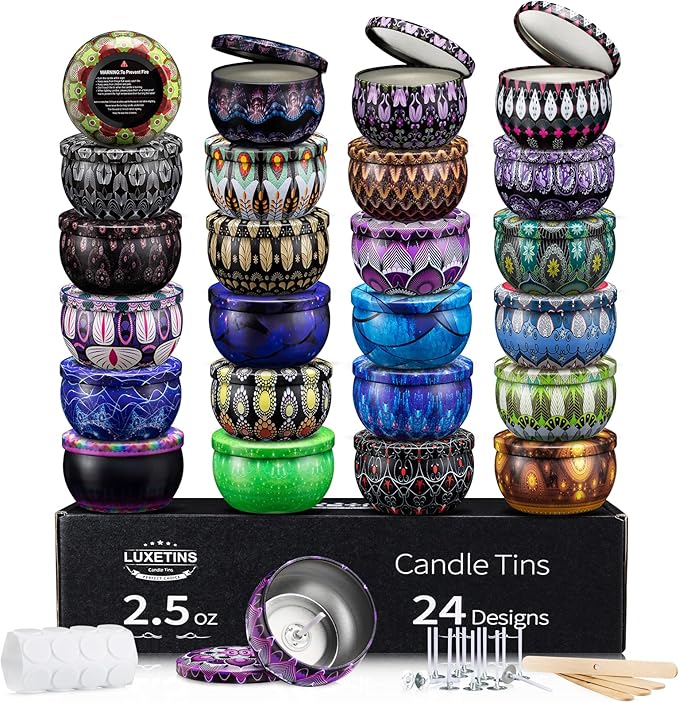 Luxetins 24 Pack Empty Candle Tins, 24 Designs Metal Tins,Candle Containers with Lids,Bulk Candle Jars,Wicks, Stickers, Wicks Holder for DIY Candle Crafting Small Businesses(4OZ×24PCS)