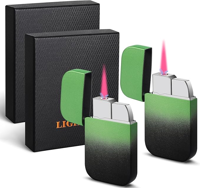 2 Pack Pink Flame Torch Lighter,Cute Lighter,Refillable Butane Lighter, Windproof Torch Lighter for Outdoor Camping BBQ Candle,Nice Gift for Women Girls on Birthday,Anniversary Green Without Butane