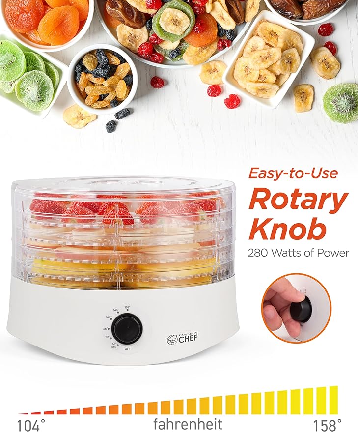 Commercial Chef Food Dehydrator, Five 9.25” BPA-Free Plastic Trays, Dehydrates and Dries Meat, Fruit, Veggies and Jerky, 280W Dehydration Machine, Adjustable Thermostat, CCD100W6, White