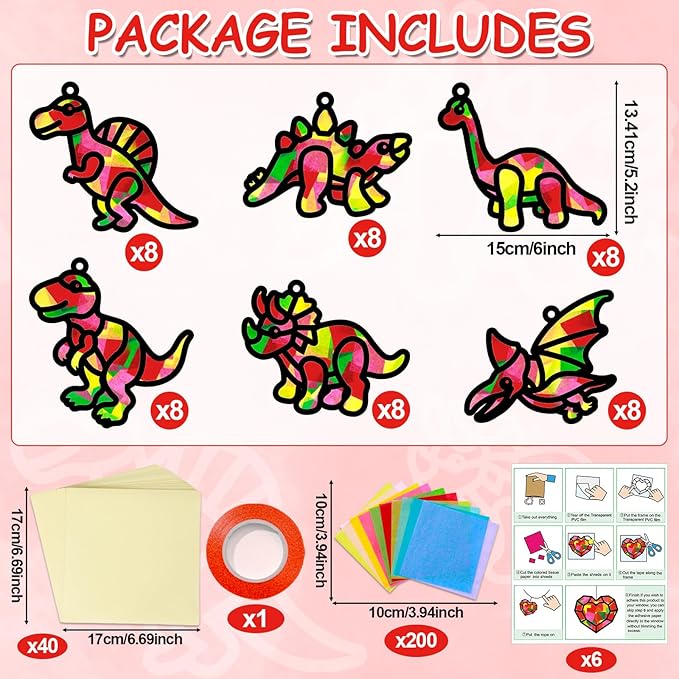 Qyeahkj 36 Set Dinosaur Suncatchers Crafts for DIY Dinosaur Tissue Paper Crafts Window Stained Glass Effect Dino Hanging Decor Home Creative Activity Art Projects Birthday Party Favor Gift