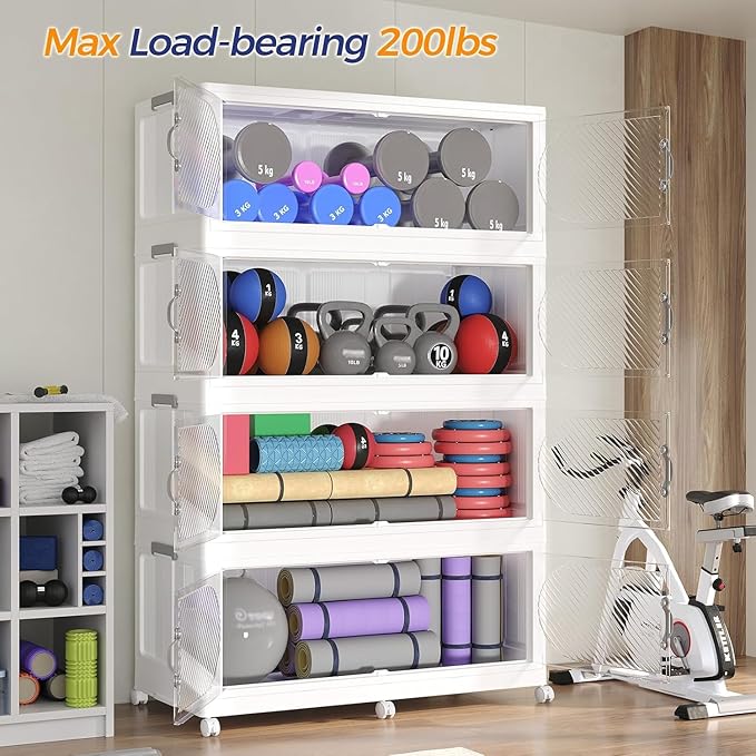 180GAL Plastic Storage Bins with Lid, 720QT Extra Large Stackable Closet Organizers and Storage, Collapsible Storage Boxes with Wheels, Folding Cabinet for Home Kitchen Office, 3Pack White